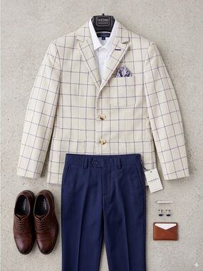 Leo & Zachary Boy's 2-Piece Suit - Beige & Blue Windowpane - Size 8 - EUC